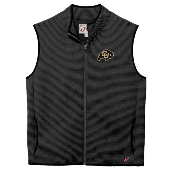 CU Boulder black full-zip sleeveless vest with embroidered buffalo logo on chest